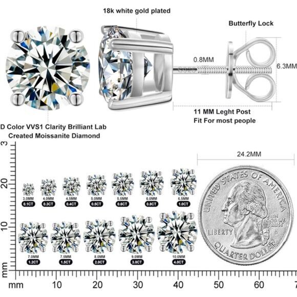 Moissanite Stud Earrings ScrewBack 3-10mm 0.2ct-8.0ct 18K White Yellow Rose Gold - Picture 4 of 7